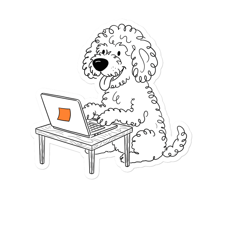 Bobbie, the dog from the logo, typing on a laptop